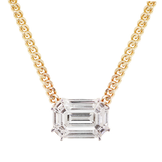 14kt gold illusion emerald cut diamond necklace on flat link chain