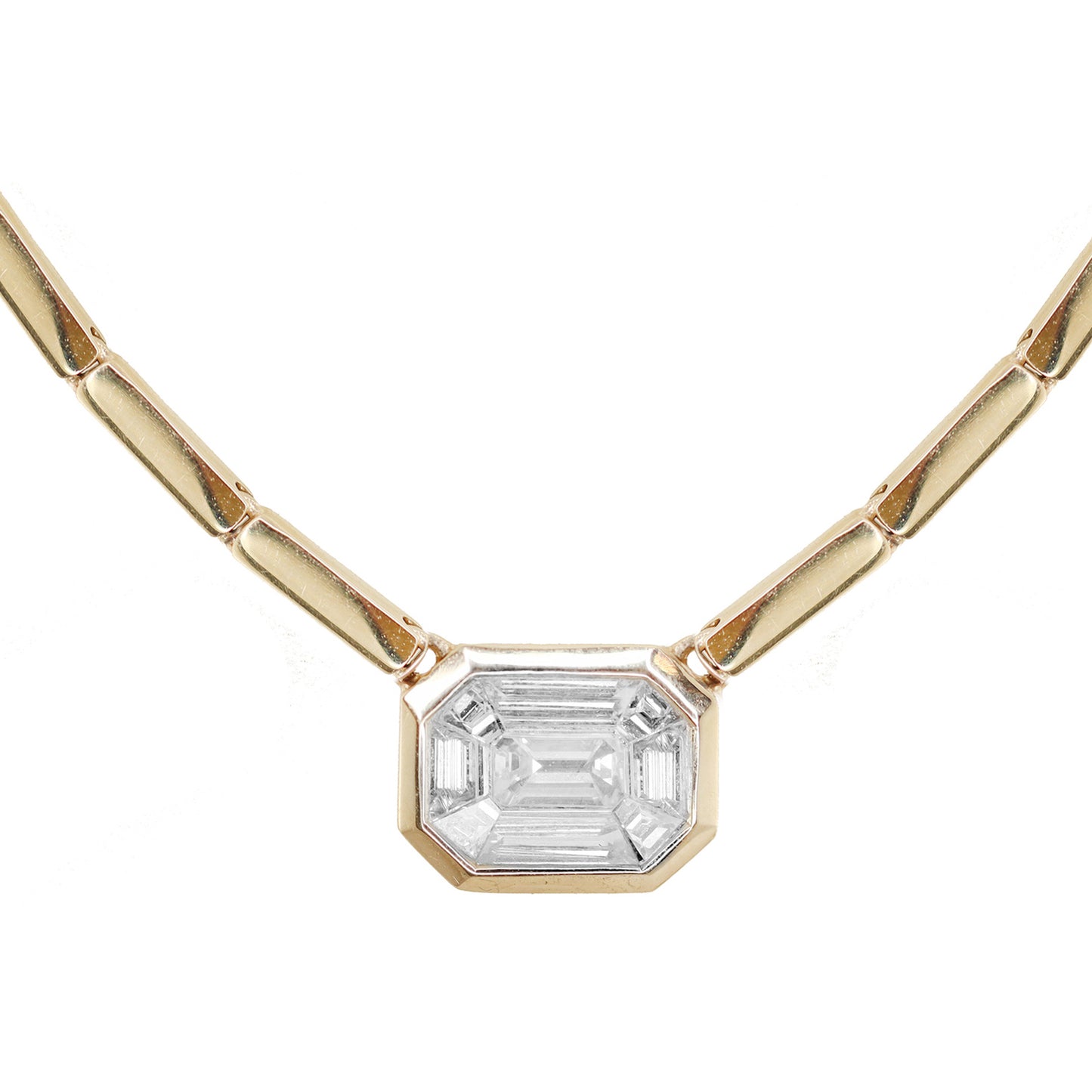 14kt gold bar illusion emerald cut bezel necklace