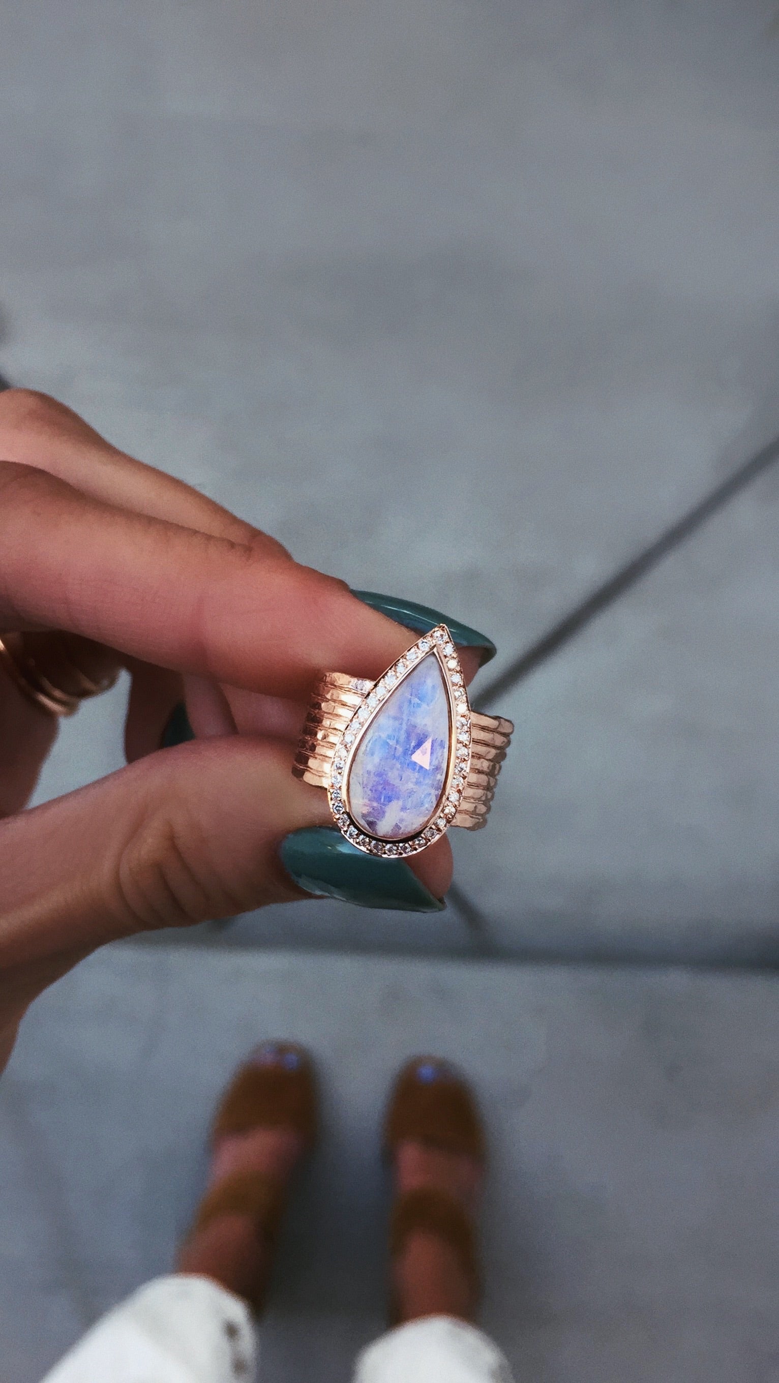 14kt gold and diamond multi hammered band teardrop moonstone ring - Luna Skye