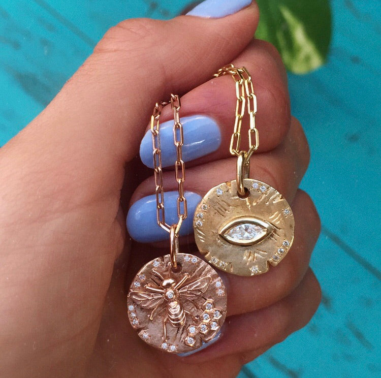 14kt gold and diamond honey bee coin necklace - Luna Skye