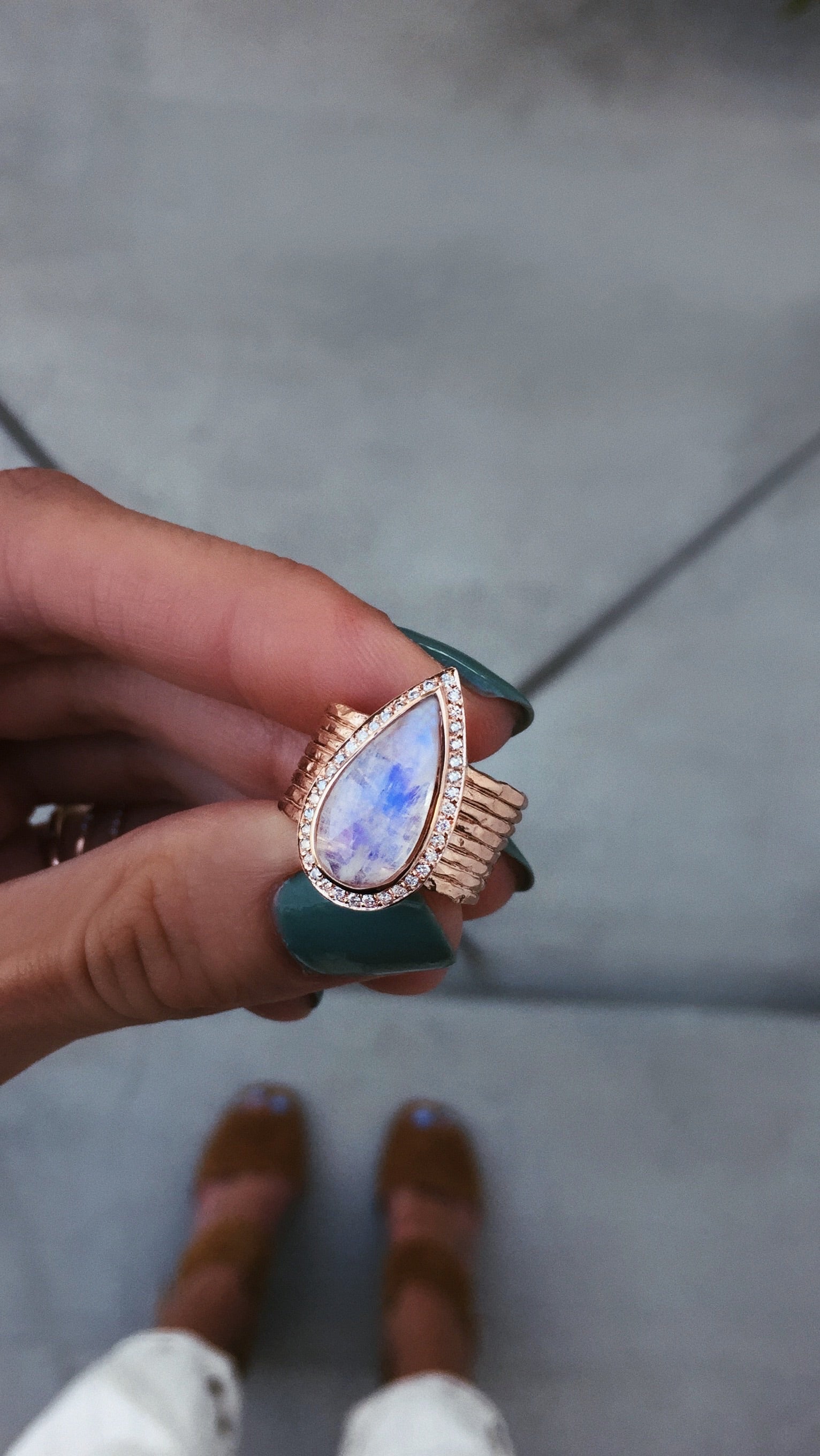 14kt gold and diamond multi hammered band teardrop moonstone ring - Luna Skye