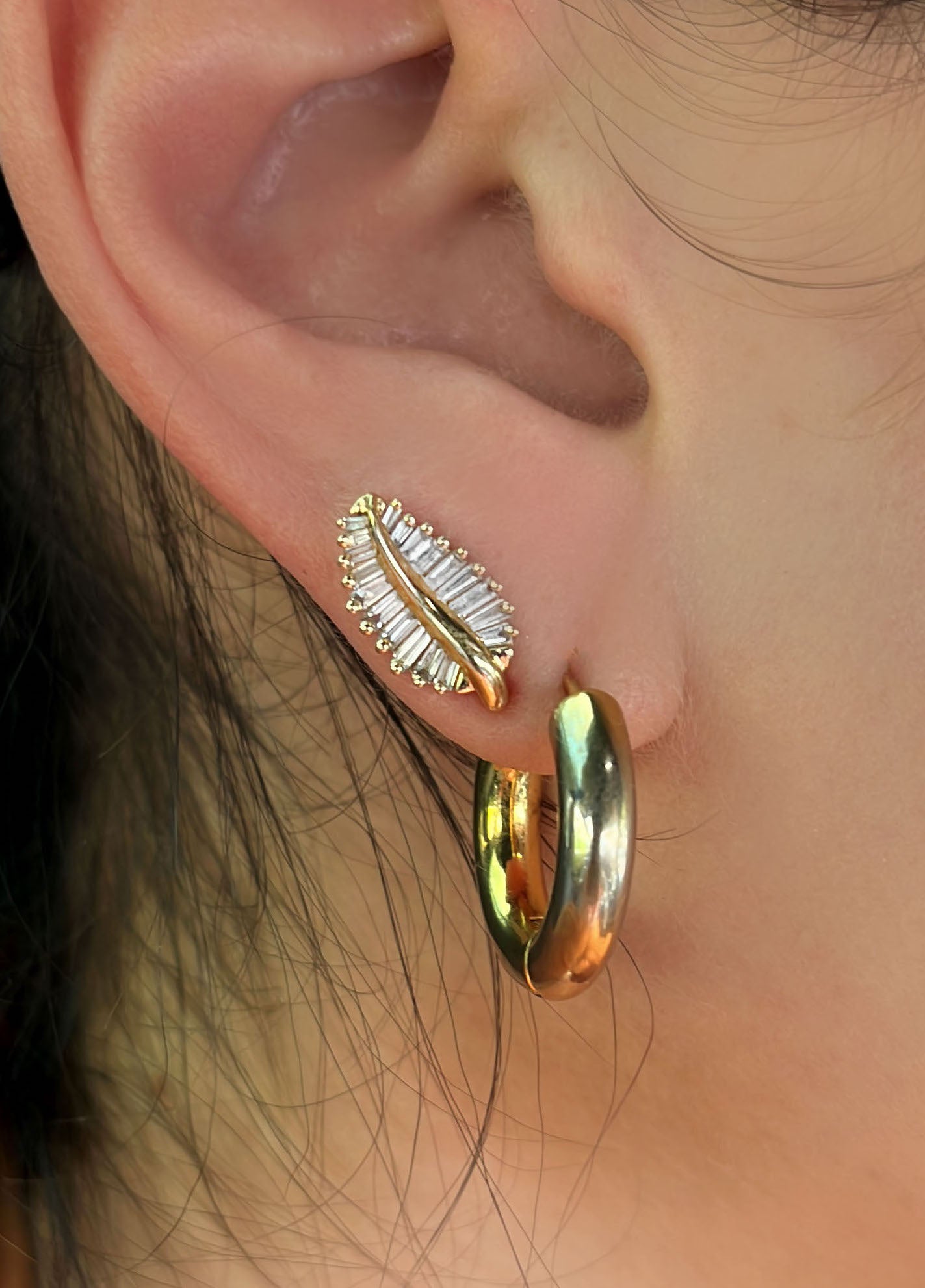 14kt gold large baguette diamond leaf studs