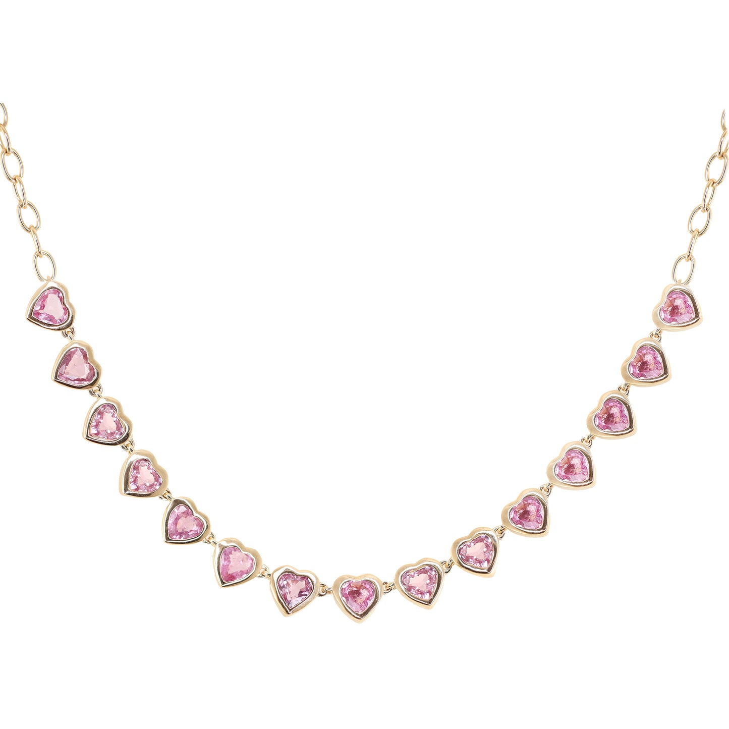 14kt gold pink sapphire heart bezel half tennis necklace