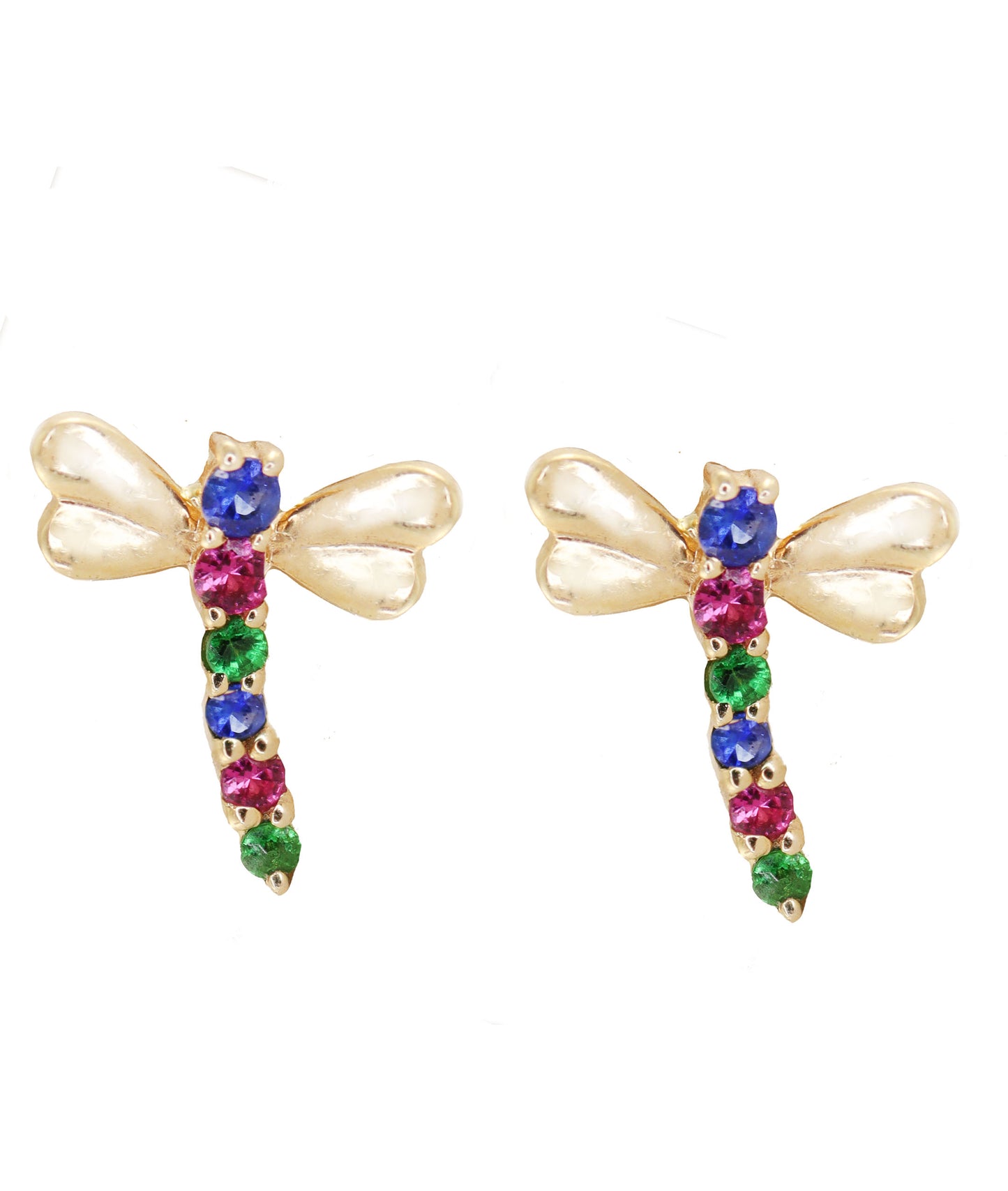 NEW! 14kt gold rainbow sapphire dragonfly stud