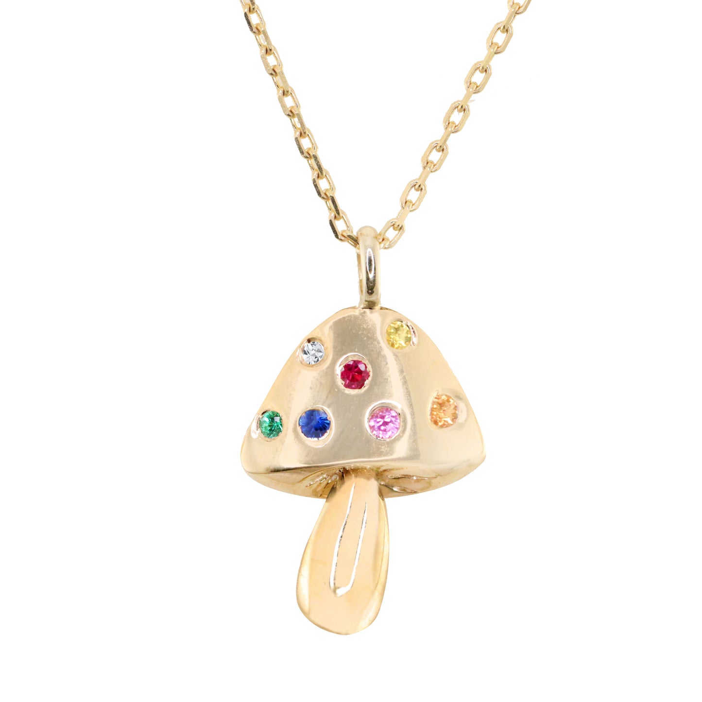 14kt gold rainbow sapphire magic mushroom necklace