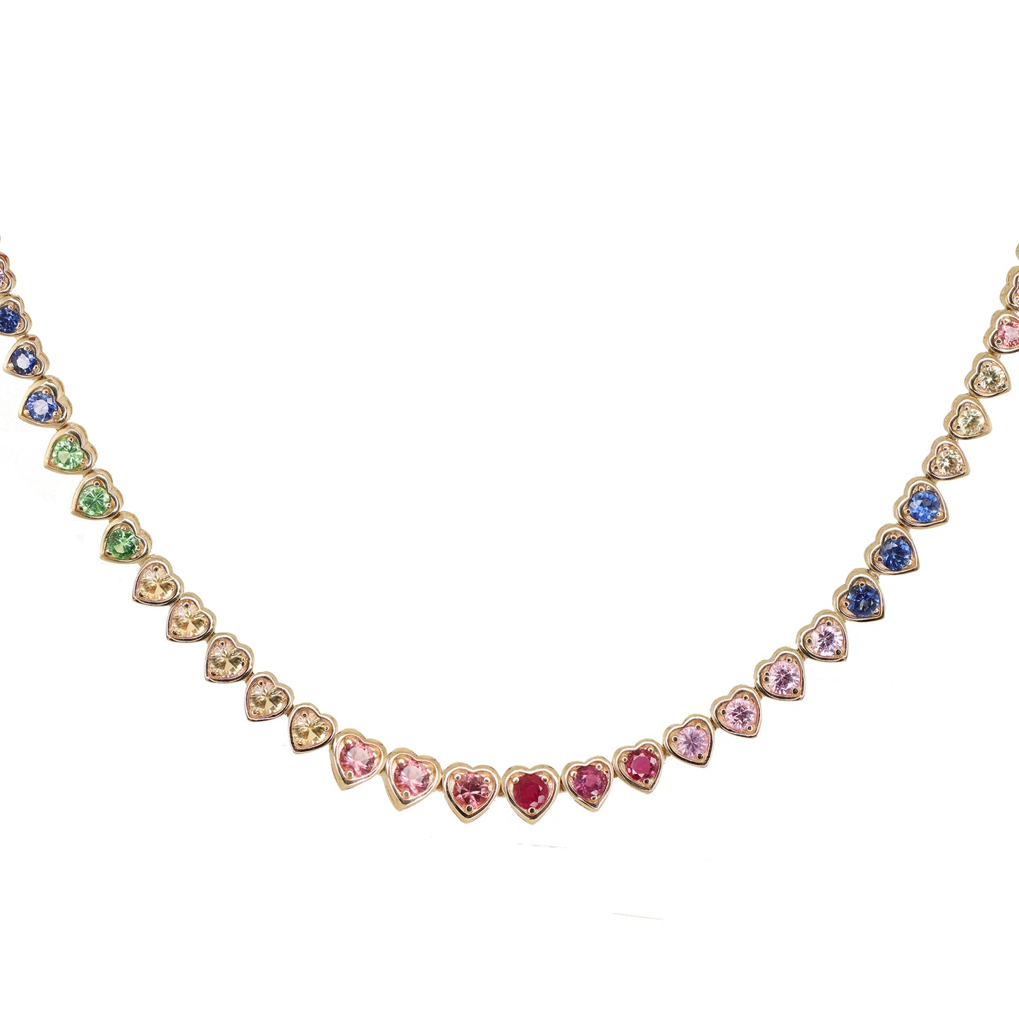 14kt gold rainbow sapphire heart bezel tennis necklace