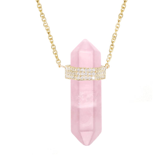 14kt gold and diamond rose quartz bar necklace