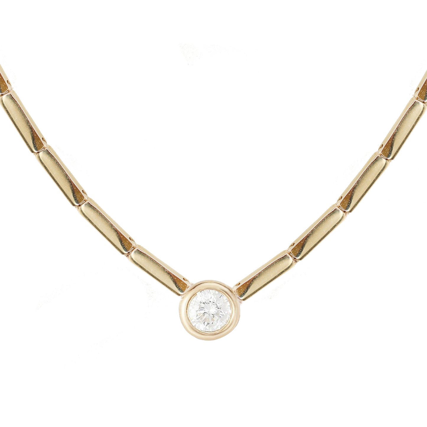 14kt gold bar round diamond bezel necklace