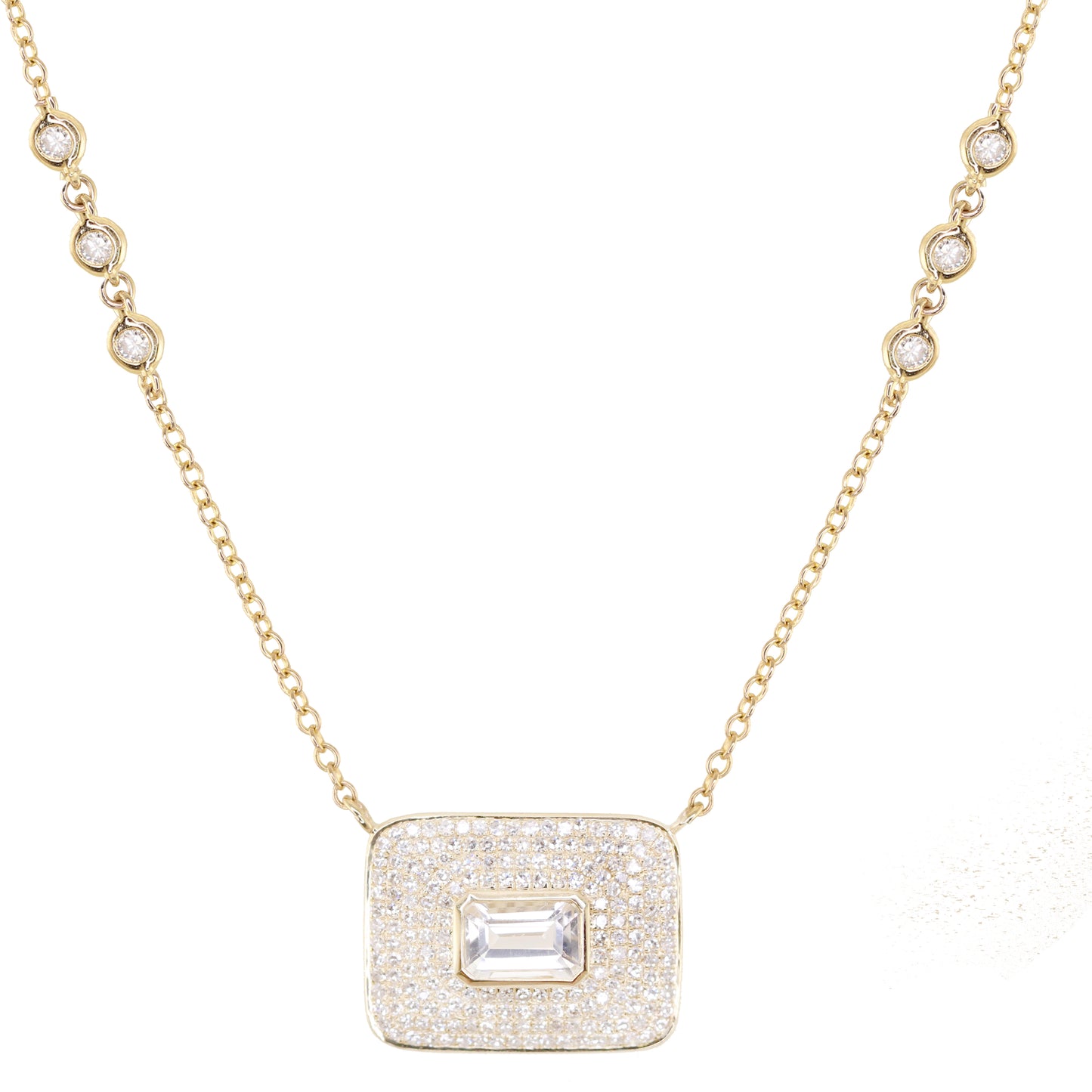 14kt gold full diamond bezel emerald cut necklace