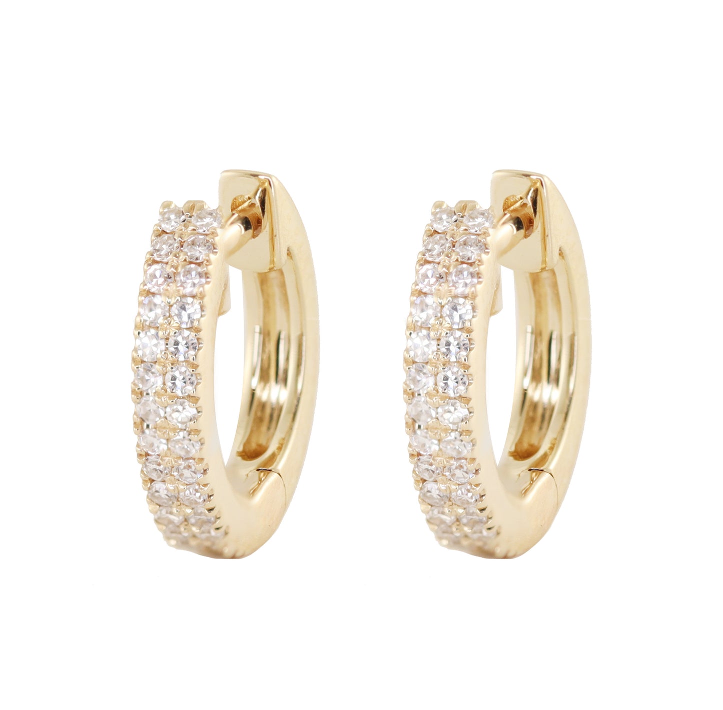 14kt gold and double diamond row mini hoop earrings