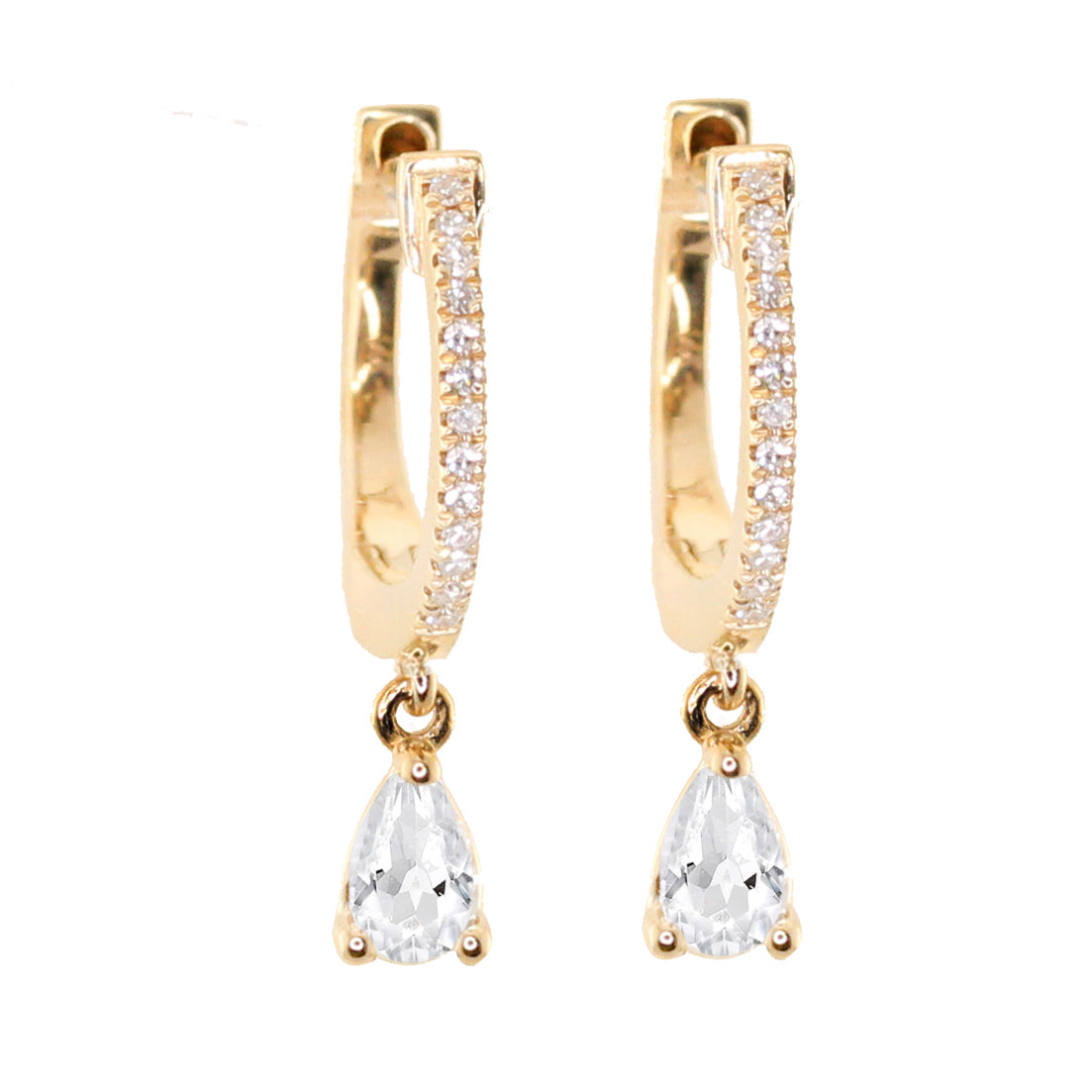 14kt gold teardrop white topaz and diamond drip hoop earring