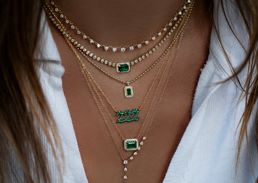14kt gold and diamond mini emerald cut emerald necklace on ball chain