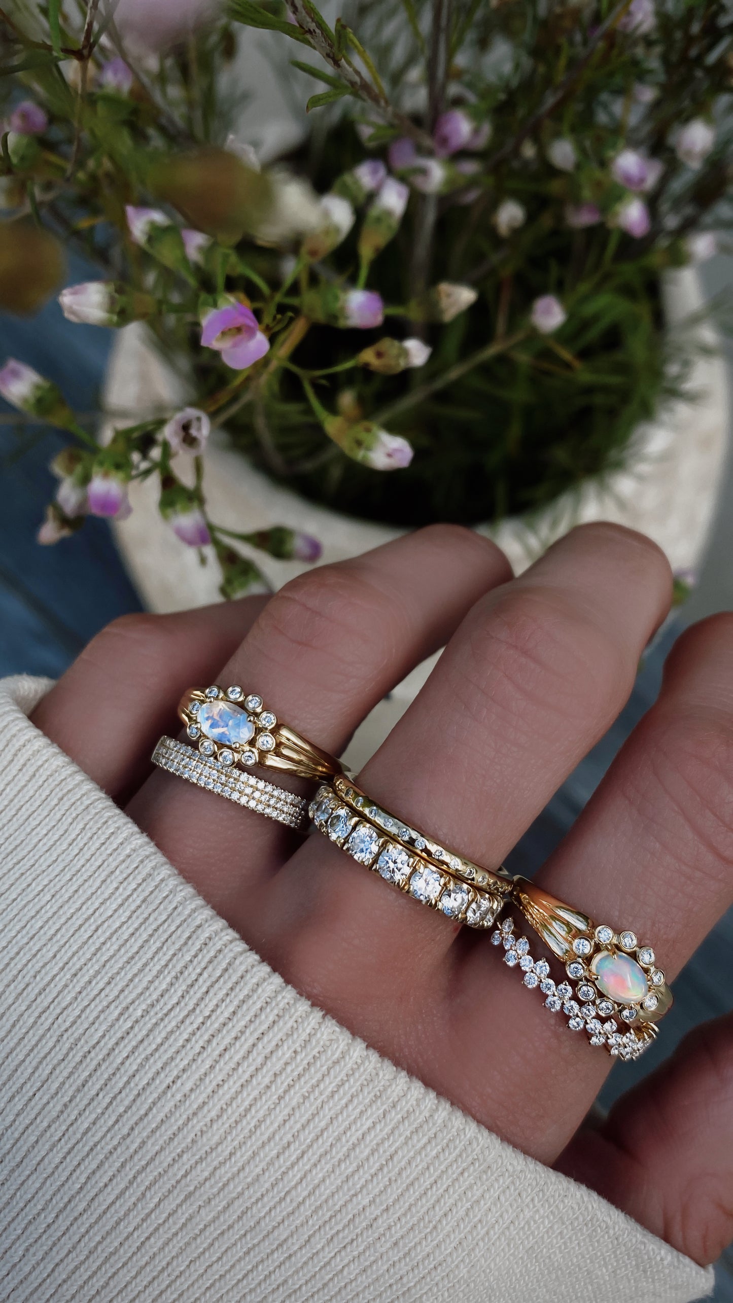14kt gold and diamond moonstone bezel baby burst ring