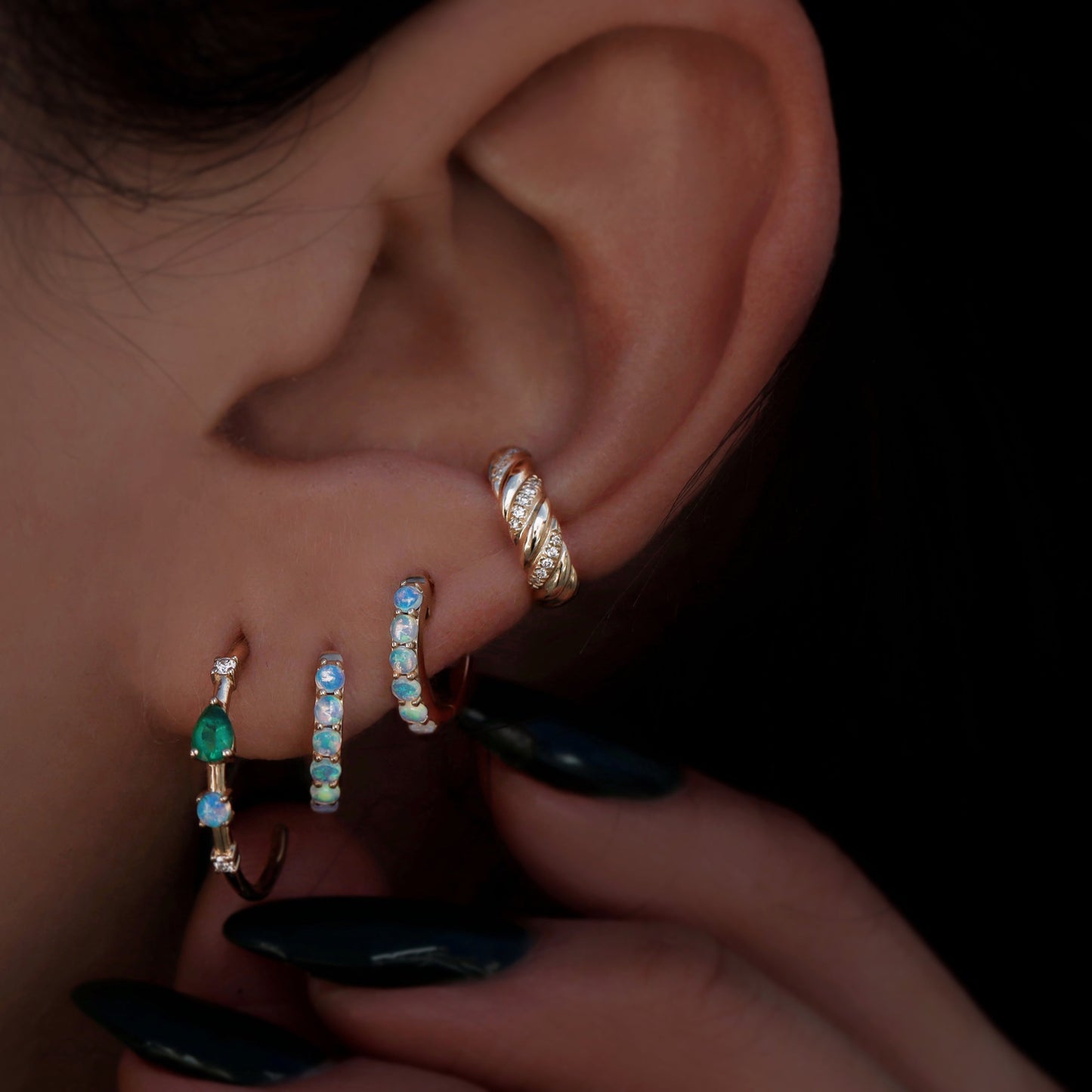 14kt gold mini opal hoops