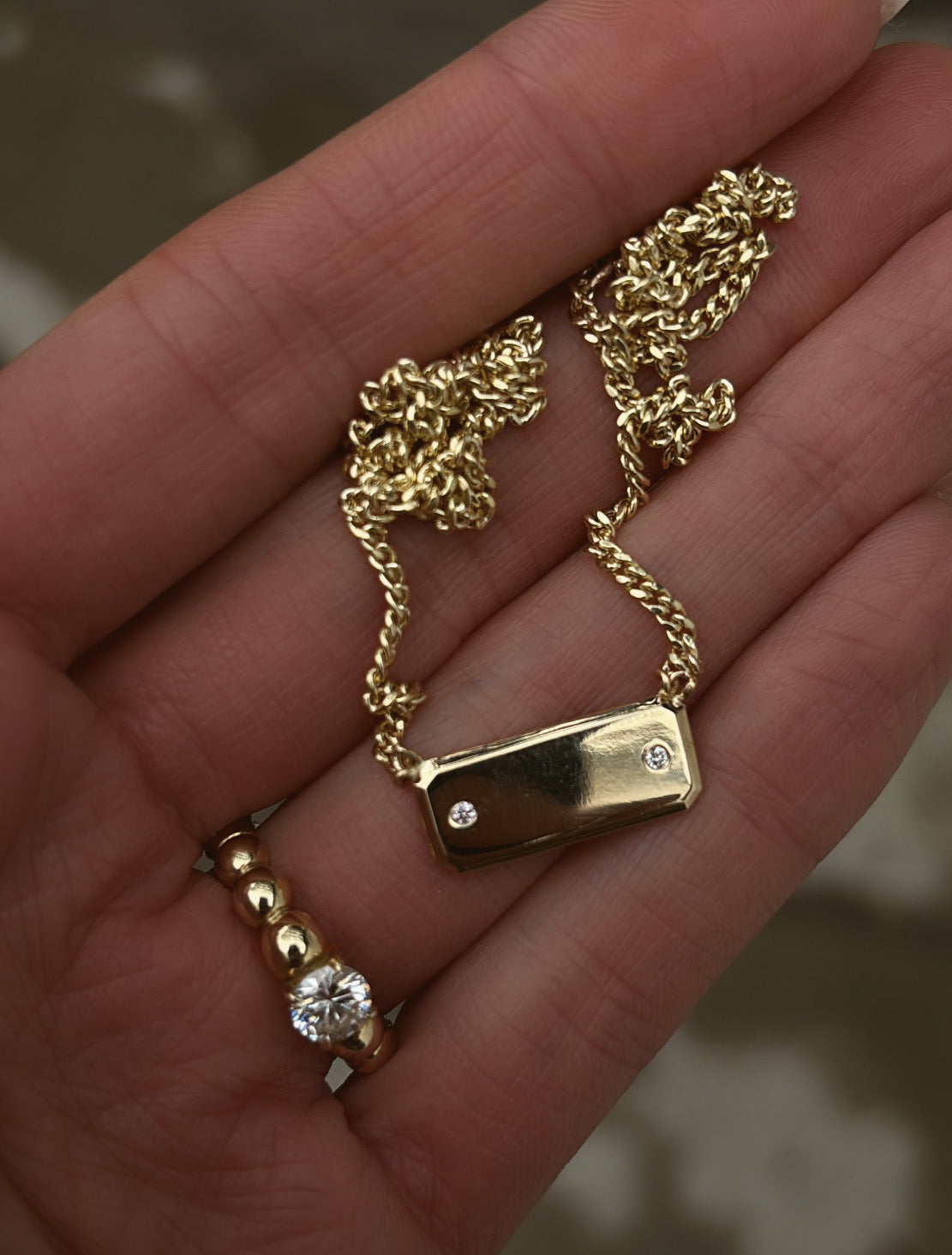 14kt gold two diamond name plate necklace