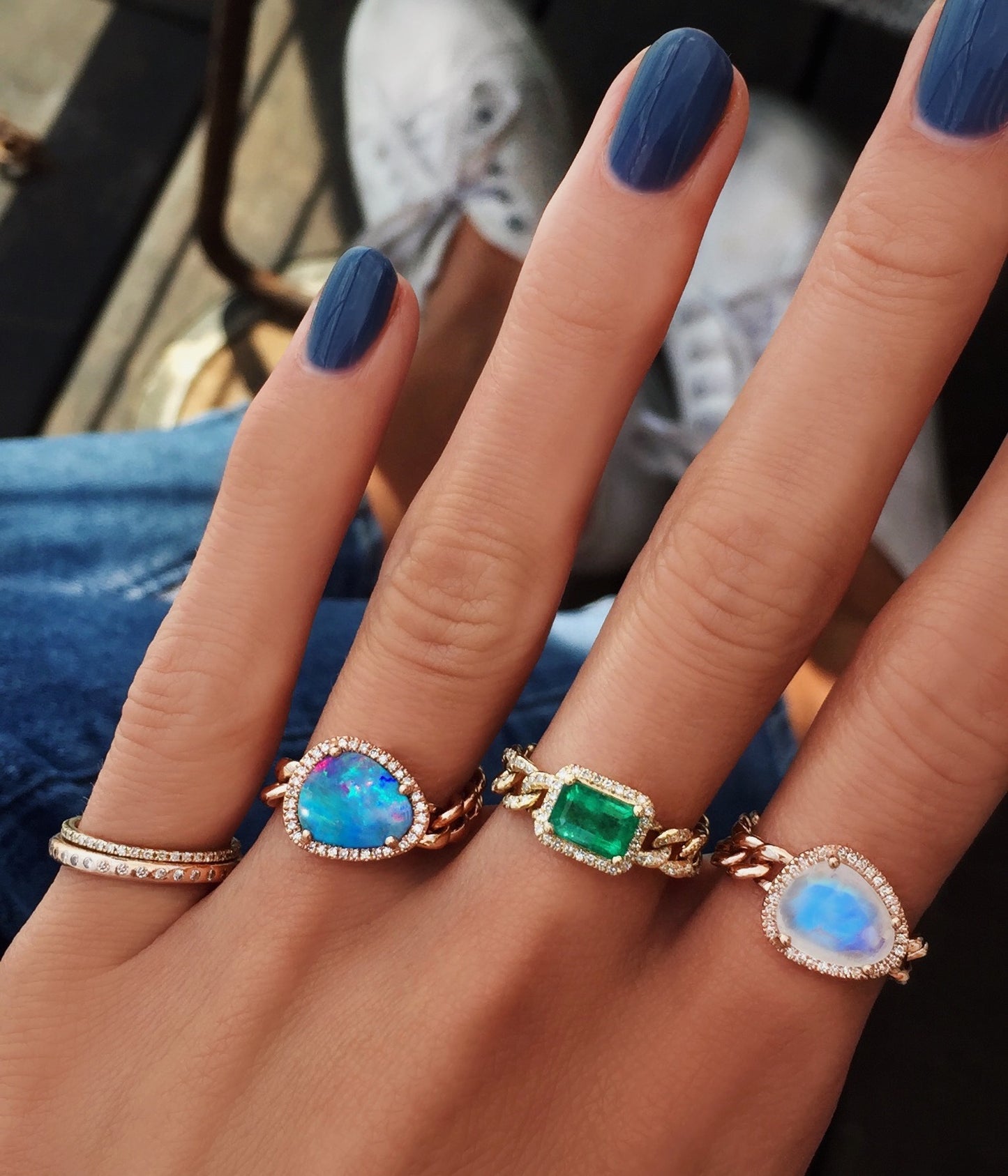 14kt gold and diamond moonstone chain ring