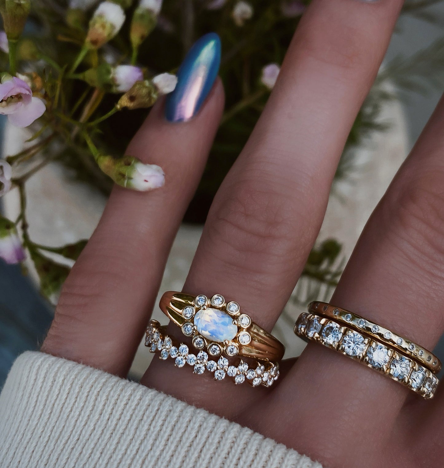 14kt gold and diamond moonstone bezel baby burst ring