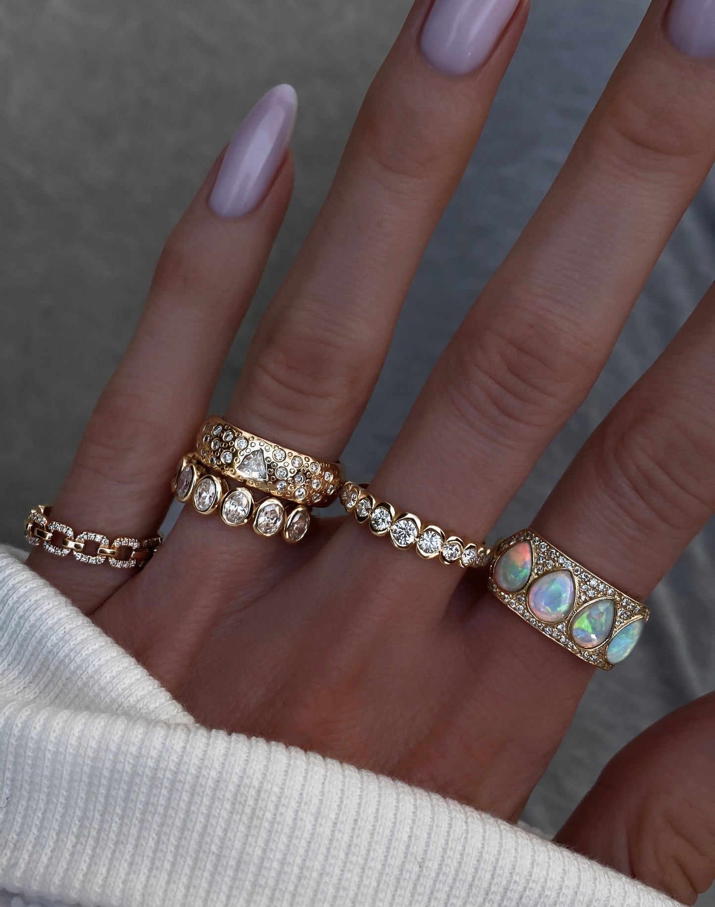 14kt gold scattered diamond teardrop opal ring