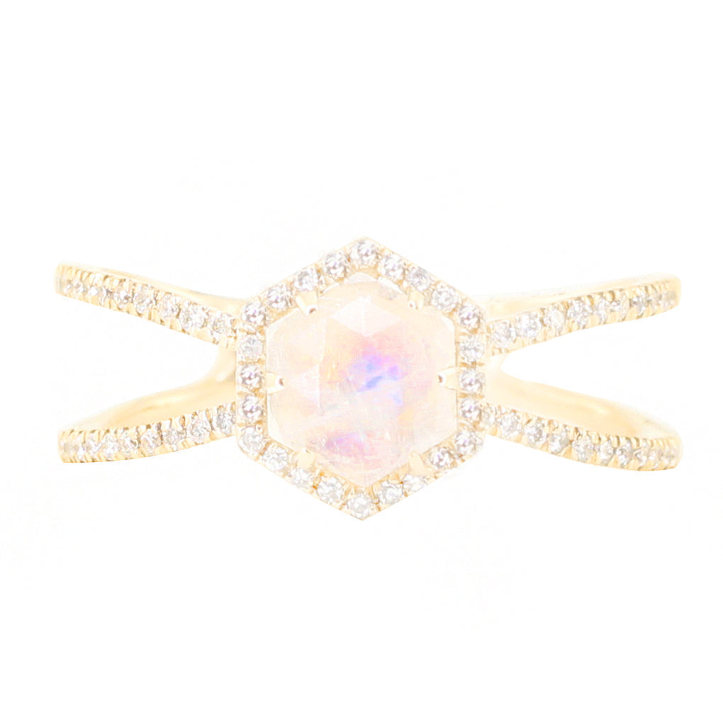 14kt gold and diamond Double Band Moonstone Hex ring