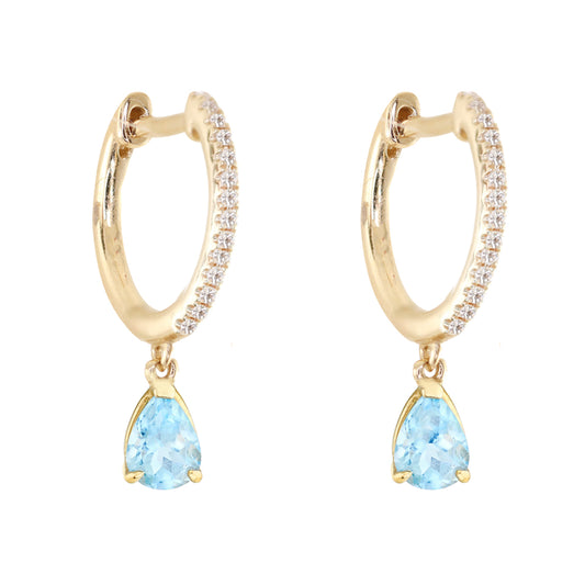 14kt gold and diamond teardrop aquamarine drip hoop