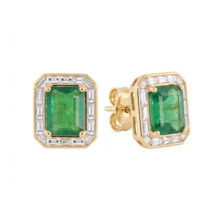 14kt gold emerald cut emerald baguette halo stud earring