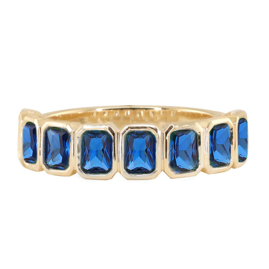 14kt gold emerald cut blue sapphire bezel band