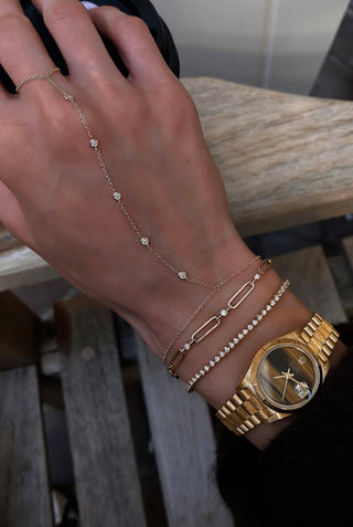 14kt gold five diamond bezel hand chain