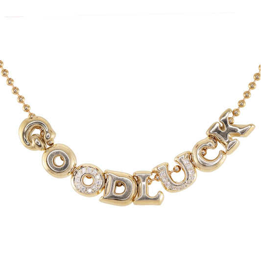 14kt gold diamond GOOD LUCK necklace on ball chain