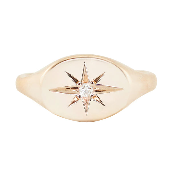 14kt gold and diamond horizontal starburst signet ring | Luna Skye