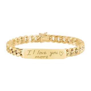 14kt gold hand engraved cuban chain love note bracelet