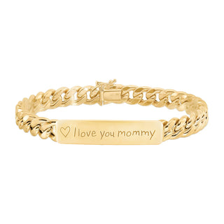 14kt gold hand engraved cuban chain love note bracelet