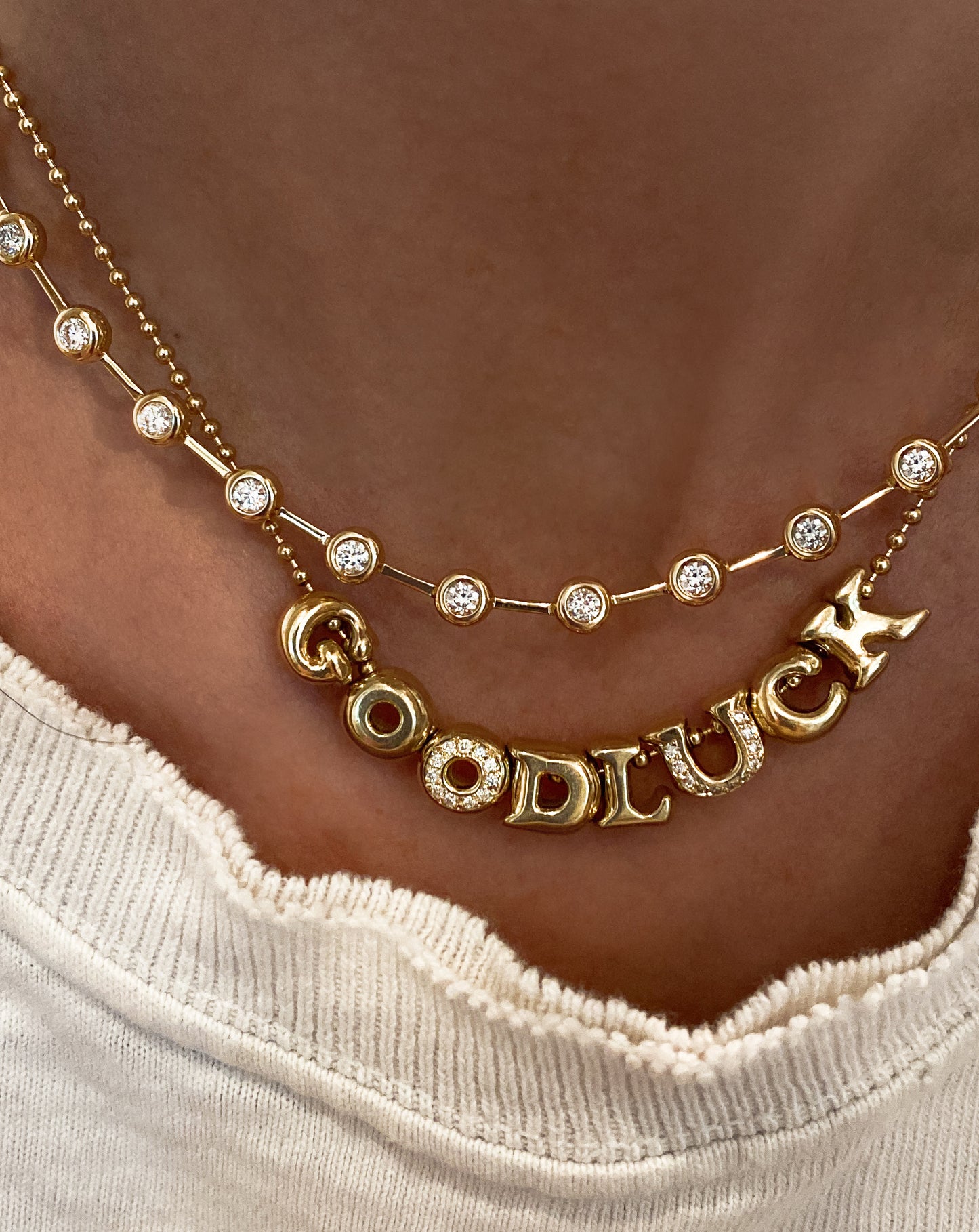 14kt gold diamond GOOD LUCK necklace on ball chain