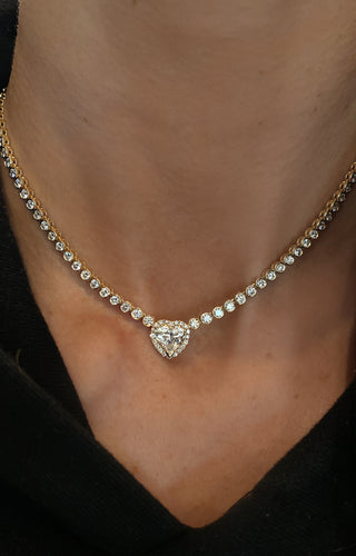 14kt gold diamond bezel heart center tennis necklace - Luna Skye