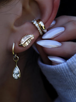 14kt gold large baguette diamond leaf studs