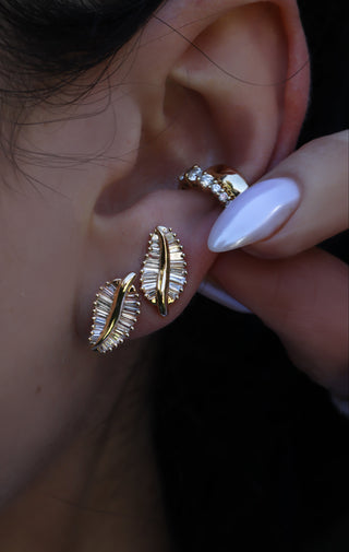 14kt gold large baguette diamond leaf studs
