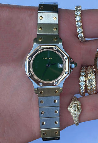 Vintage Cartier Santos Octagon 24mm Two Tone Emerald Watch