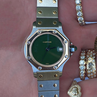 Vintage Cartier Santos Octagon 24mm Two Tone Emerald Watch