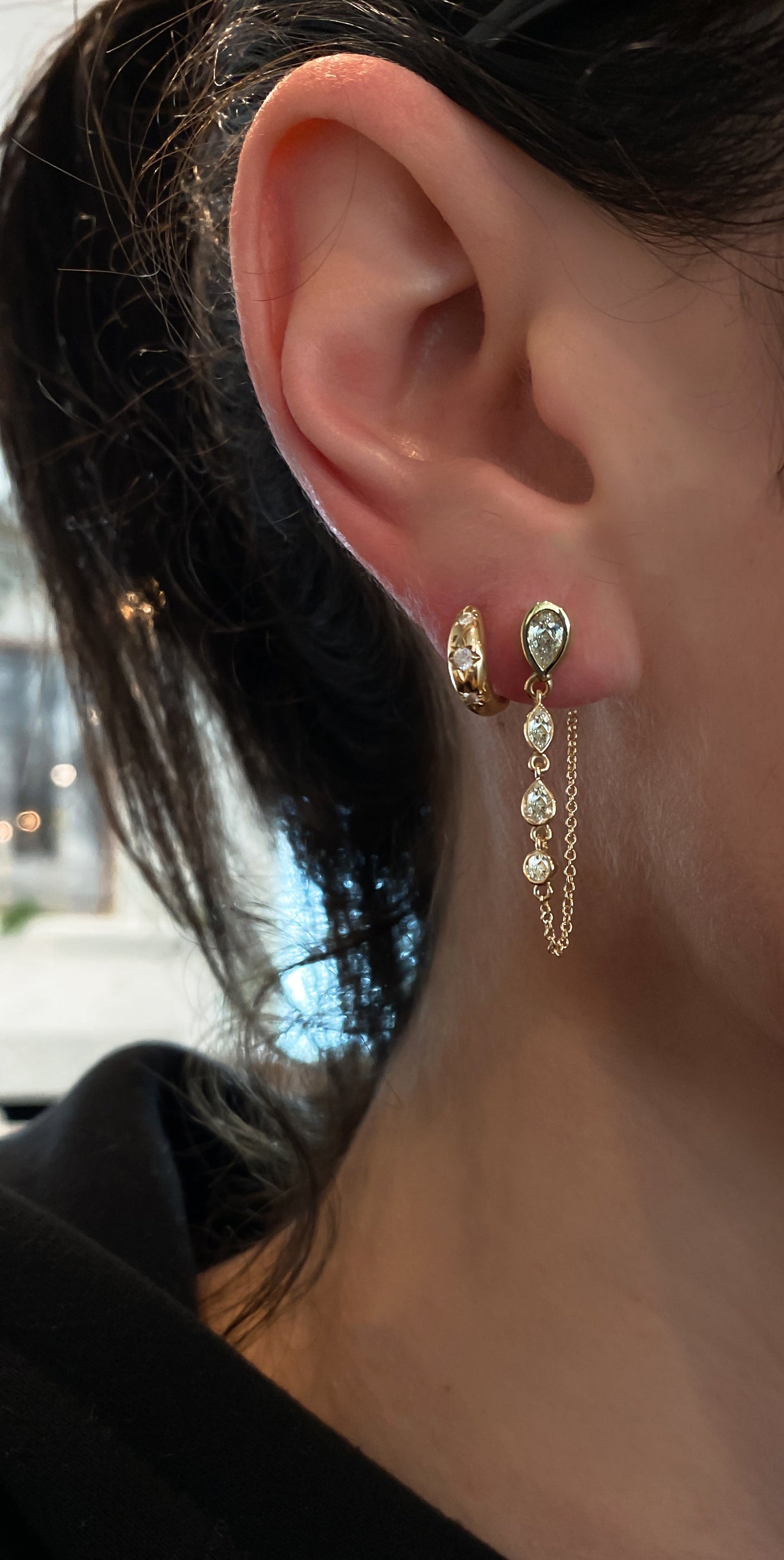 14kt gold mixed diamond cut bezel drip chain hoop
