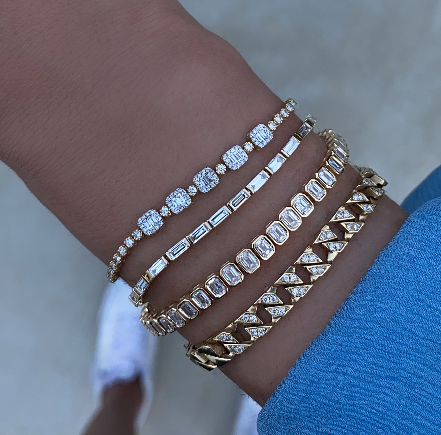 14kt gold emerald cut diamond bezel tennis bracelet