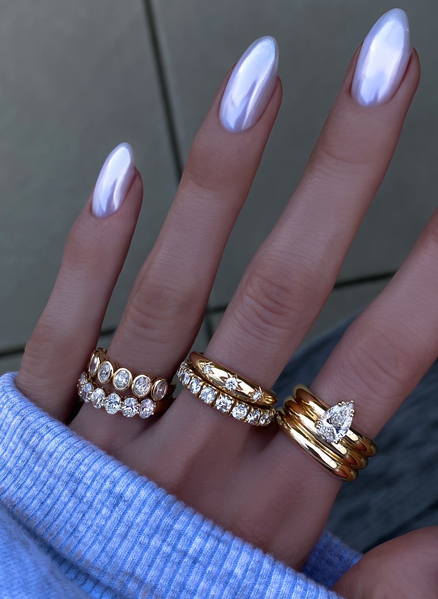 14kt gold three row teardrop diamond ring