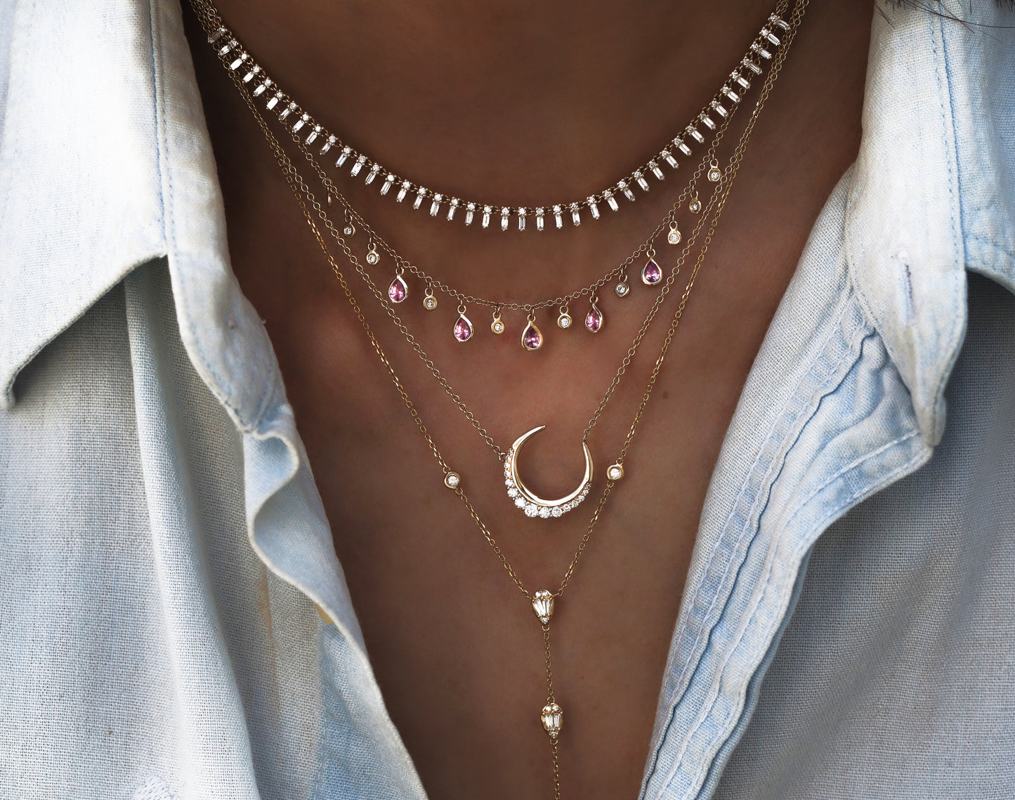 14kt gold and diamond starlit crescent moon necklace