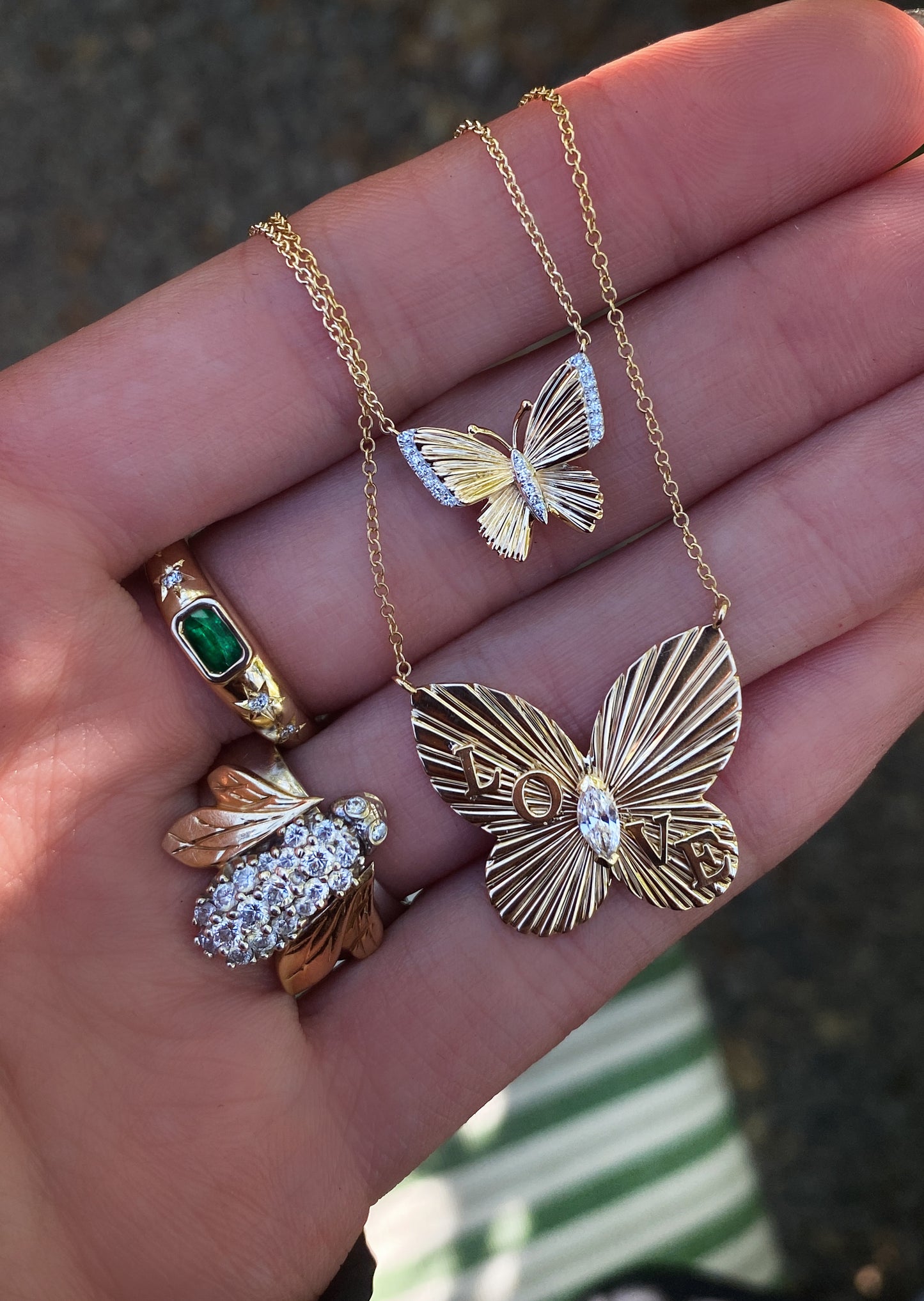 14kt gold and diamond butterfly burst love necklace