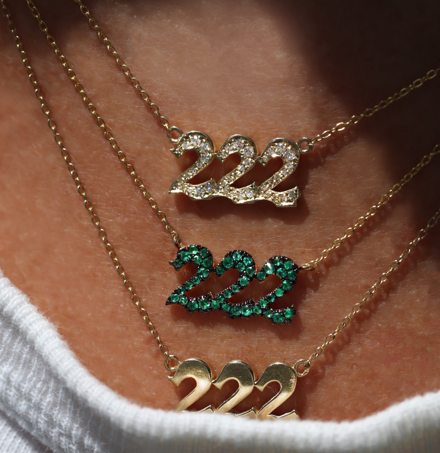 14kt gold and emerald 222 necklace