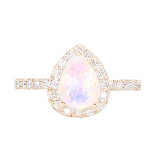 14kt gold and diamond large single band teardrop moonstone ring