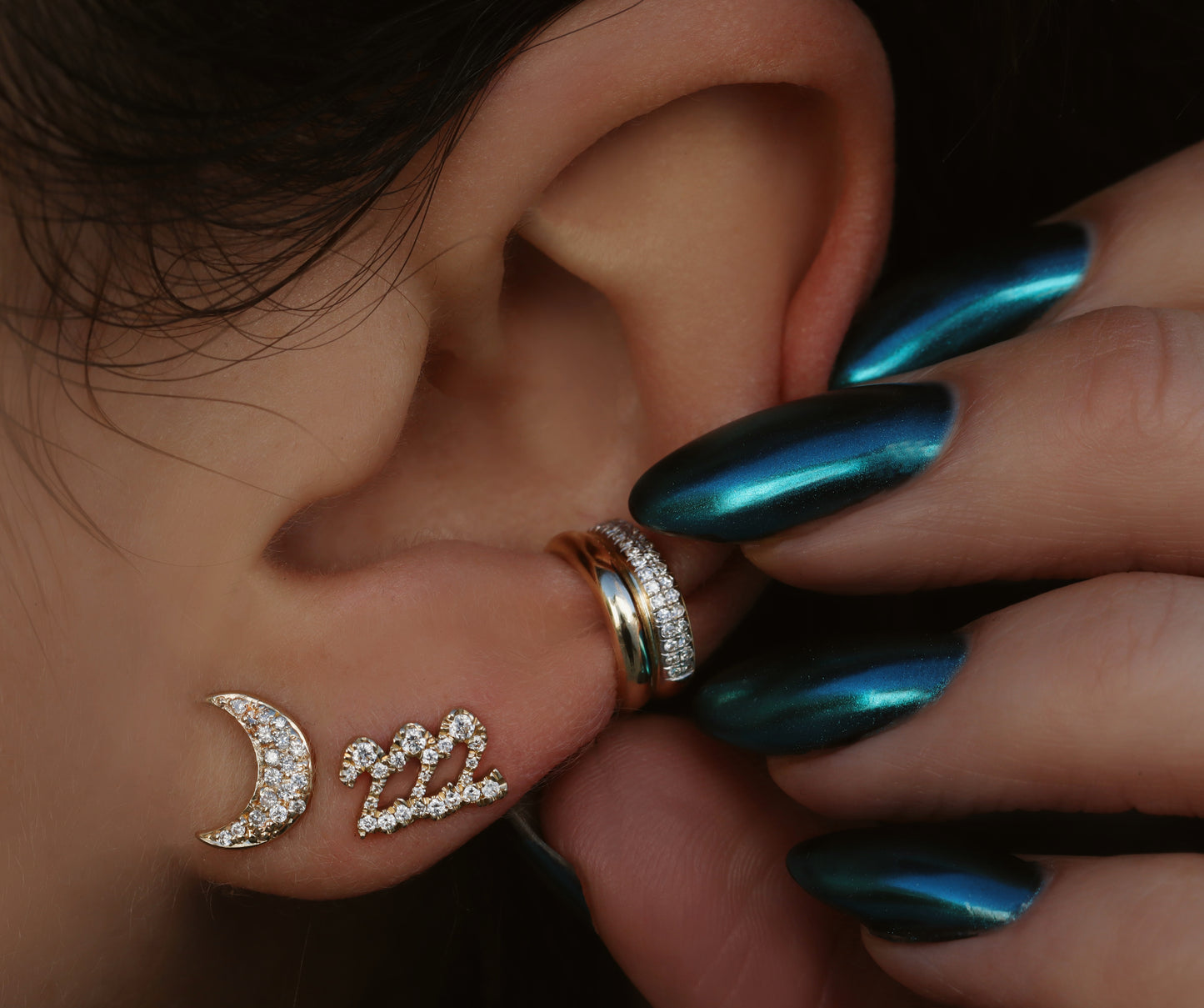 14kt gold full diamond crescent moon stud