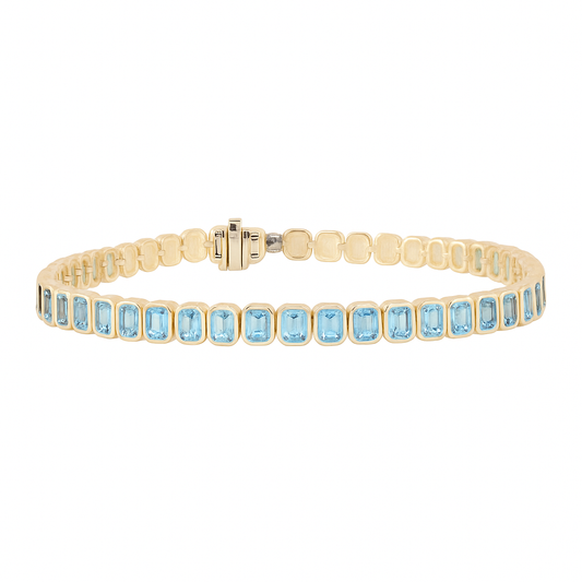14kt gold emerald cut aquamarine bezel tennis bracelet