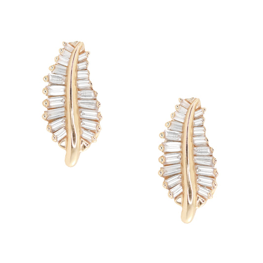 14kt gold baby baguette diamond leaf studs