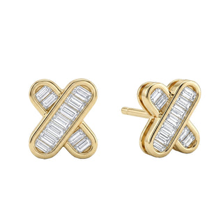 14kt gold baby baguette diamond x studs