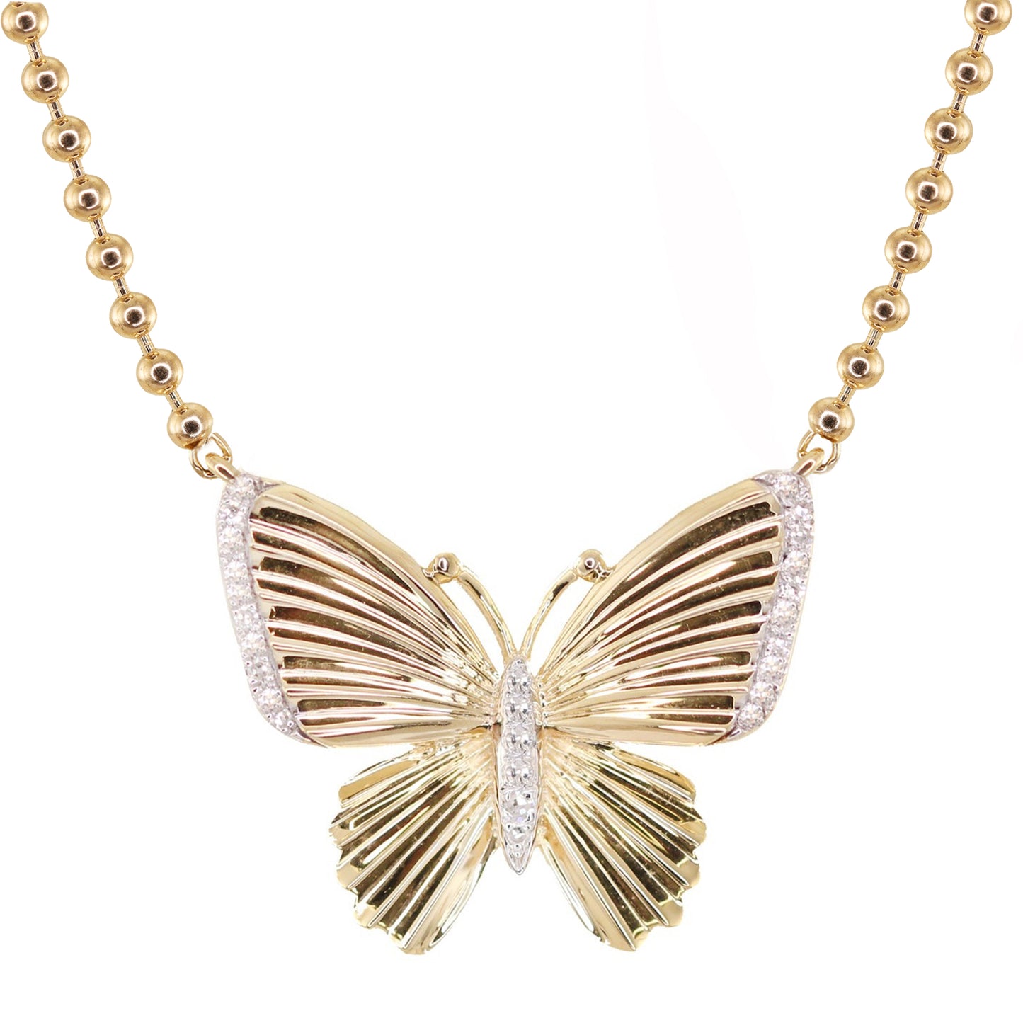 14kt gold and diamond baby butterfly burst ball chain necklace