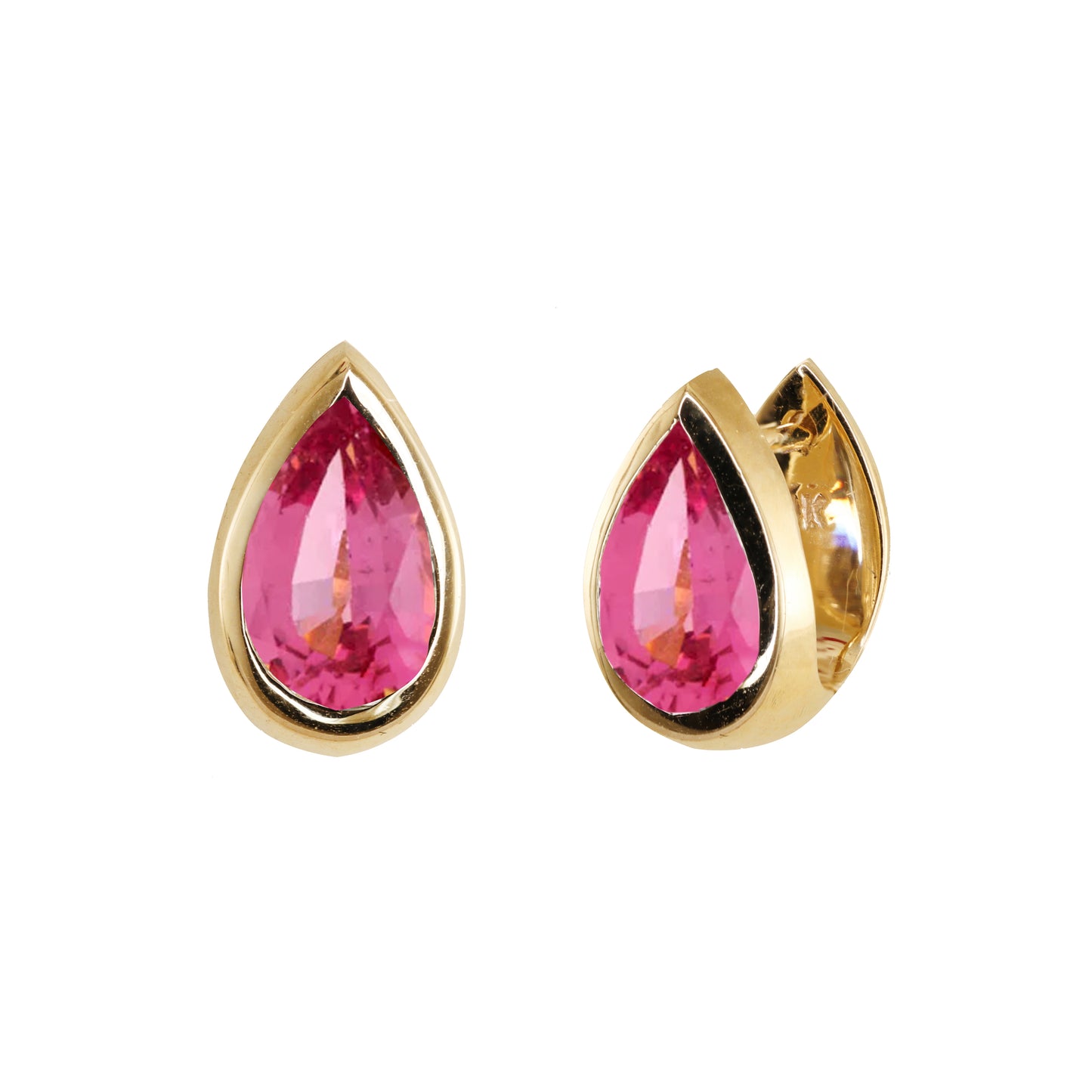 14kt gold baby teardrop pink spinel bezel hoop